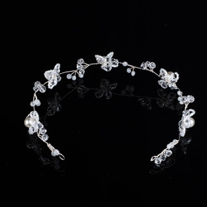 Serre-tête de mariée fait main avec perles, cristaux et perles de fleurs sur fil argenté