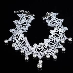 Handmade white lace bridal choker with pearls and adjustable lobster clasp extension