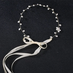 Handmade pearl soft chain bridal headband with gold wire and beige satin ribbons