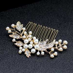 Elegante pettine per capelli da sposa con perle e strass su foglie d'oro