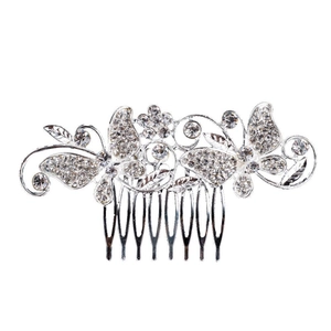 Pettine per capelli da sposa in argento con farfalla di strass e motivi floreali