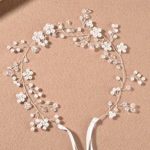 Serre-tête de mariée fait main avec perles, cristaux et ruban blanc ajustable