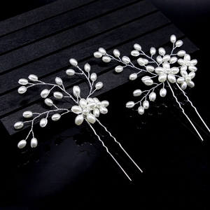 Bridal Handmade Faux Artificial Pearl Hair Pins U-Shaped Alloy Branch Flower Hair Sticks For Wedding Party Women Headwear Accessories