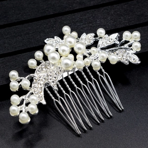 Pettine per capelli sposa argento con perle e strass dal design a foglia su legno