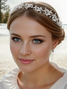 Détails du bandeau de mariée en cristal et des boucles d'oreilles argentées assorties