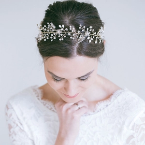 Bandeau de Mariée Fait Main Or Argent Alliage Cristal Künstliche Perles Vigne de Cheveux de Mariage Avec Ruban de Satin Bijoux Femme