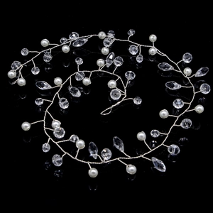 Elegant bridal hair band with white pearls and crystal water drops on silver wire base
