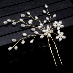 Handmade bridal hair pin with white faux pearls and gold wire in branch design
