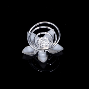 Bridal hair pin with white resin flowers and silver spiral design with pearls