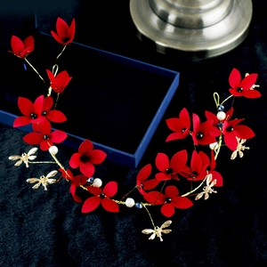 Cerchietto Floreale da Sposa Fatto a Mano Corona di Fiori in Raso Rosso Con Libellula Dorata Perla Artificial Sintetica Copricapo da Sposa Donna