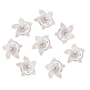 8-piece set of bridal white resin flower spiral hair clips with center rhinestone detail