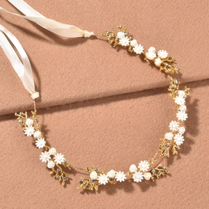 Elegant bridal headband with white flowers and crystals on gold wire with ribbon