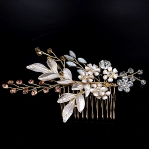 European gold bridal hair comb with rhinestones, white enamel flowers and crystal accents
