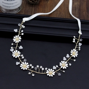 Handmade Gold Flower Bridal Headband With White Daisy Faux Artificial Pearls Crystal Beads Elegant Wedding Hair Accessories For Women