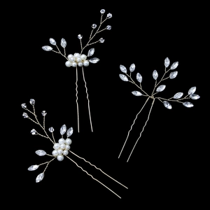 Three-piece bridal U-shaped hair pins with gold wire, white pearls, and crystals