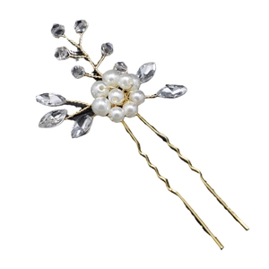 Épingle à cheveux de mariée en U faite main avec perles blanches et cristaux dorés