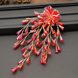 Handmade Red Crystal Beaded Flower Hair Clip For Women Bridal Wedding Stage Makeup Accessory Retro Tassel Side Clip Jewelry