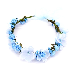 Couronne de fleurs bleu ciel avec roses et ruban transparent pour mariage et vacances