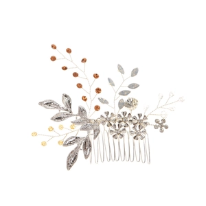 Elegant silver bridal hair comb with crystal beads and metallic leaf floral design