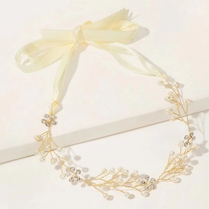 Vigne de Cheveux de Künstliche Perle Strass Fait à la Main Élégante Alliage d'Or Argent Serre-tête Floral Avec Ruban de Satin pour Mariage Fête Femme