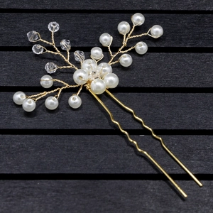 Épingle à cheveux de mariée en fil doré avec perles blanches et cristal sur pic en U
