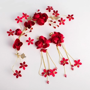 Chinesischer Brautschmuck Set mit roten Rosen, goldenen Quasten und Ohrringen