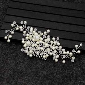 Handmade bridal hair comb with white pearls and silver wire crystal beads for weddings