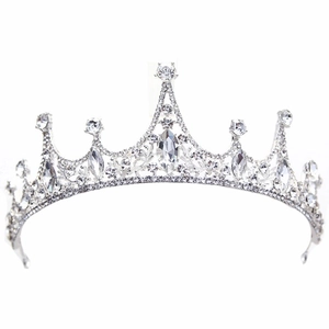 Detailed close-up of a silver bridal tiara featuring marquise rhinestones and metal frame