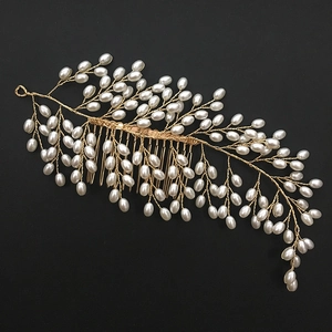 Bridal Hair Comb Gold Leaf Faux Artificial Pearl Headpiece For Wedding Formal Party Elegant Flower Branch Hair Accessory For Women