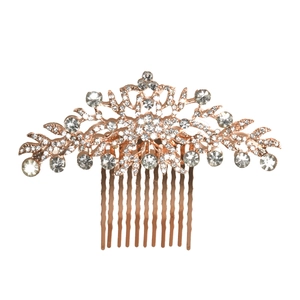 Luxurious rose gold bridal hair comb with symmetrical rhinestone flower and leaf clusters