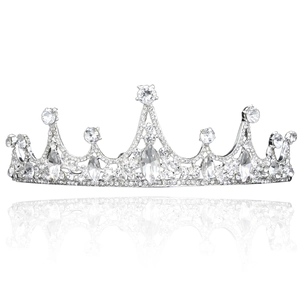 Exquisite silver bridal tiara crown with sparkling crystals and a teardrop diamond center