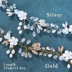 Elegant 35cm bridal hair band with alloy leaves, crystal beads, and resin flowers