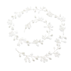 Handmade bridal hair vine with white pearls and clear beads on flexible silver wire