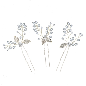 Set of three silver leaf bridal hair pins with gray faux pearls and sparkling crystals