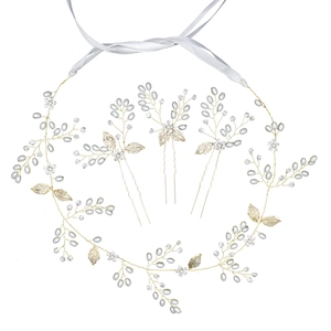 Parure de tête de mariée dorée avec feuilles, perles et épingles à cheveux en cristal