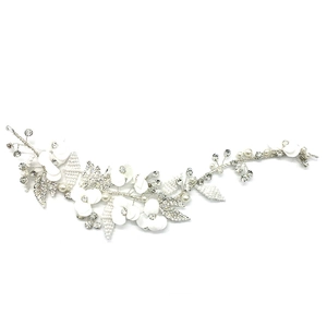 Elegant bridal hair band with white fabric flowers, pearls and rhinestones on silver wire