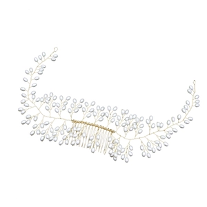 Vigne de cheveux de mariée élégante avec perles blanches et fil doré pour mariage