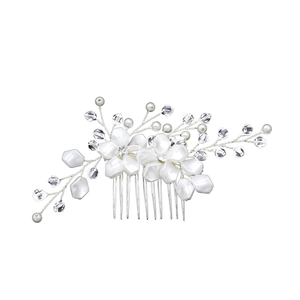 Elegant silver bridal hair comb with white pearl flowers and sparkling crystals