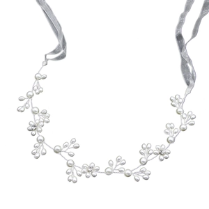Serre-tête de mariée luxueux avec perles blanches, strass et rubans en organza gris
