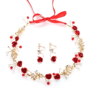 Set gioielli da sposa con rose rosse, foglie dorate e orecchini a clip coordinati