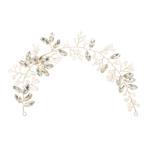 Detailed close-up of golden bridal hair vine with shimmering crystals and elegant wire design