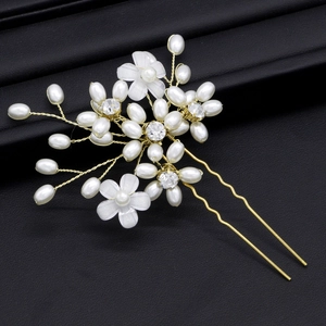 Handmade bridal hair pin with white flowers, pearls and crystals on gold wire