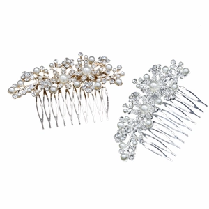 Elegant bridal hair comb set with white pearls and crystal flower vine patterns