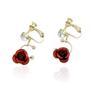 Eleganti orecchini dorati con rose rosse e cristalli chiari con chiusura a clip per donna