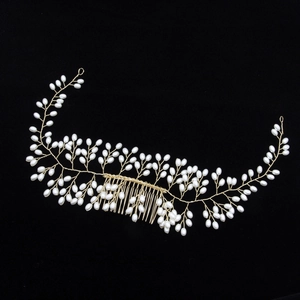Peigne à cheveux de mariée fait main avec fils dorés et perles d'eau douce