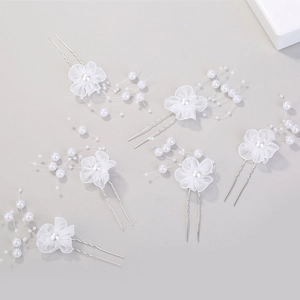 Lot de 6 épingles à cheveux de mariage avec fleurs en mousseline blanche et perles sur métal