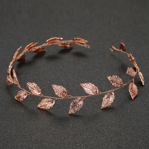 Serre-tête de mariée élégant à feuilles d'or rose avec tissage métallique fin