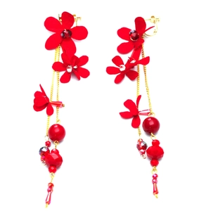 Elegant bridal red fabric flower tassel earrings with gold chains and crimson beads