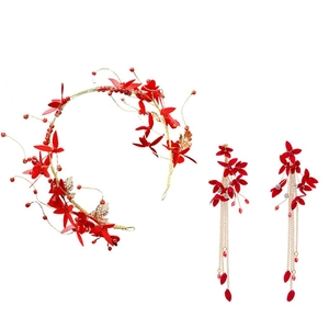 Parure de mariage chinoise avec bandeau fleurs rouges et boucles d'oreilles à pompons
