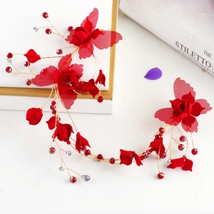 Exquisite bridal red floral hair chain with crystal butterfly and gold wire accents